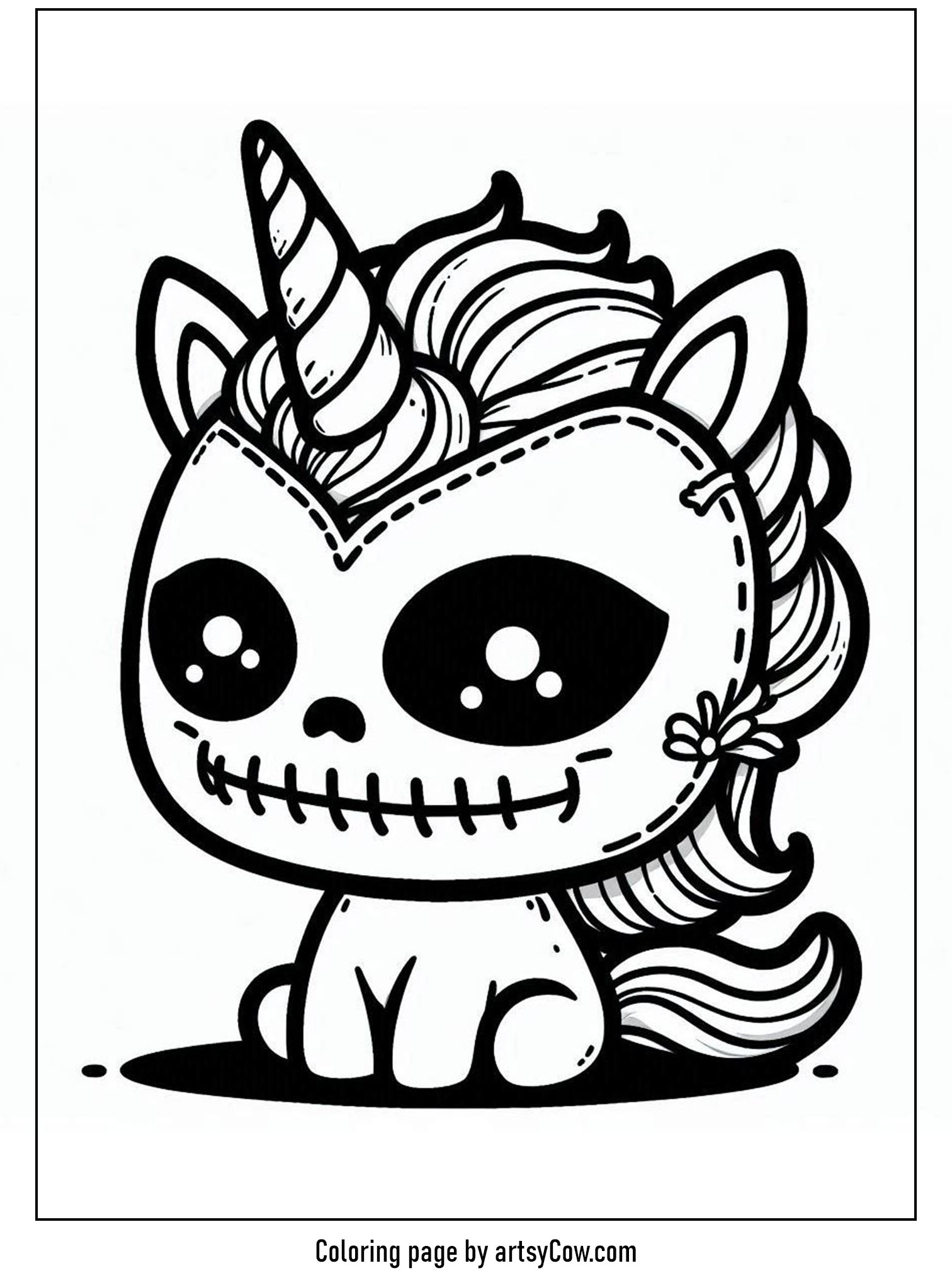 halloween coloring pages with unicorn 2 featuring a cute unicorn in a spooky mask with stitched details and big, adorable eyes